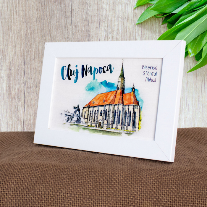 Tablou suvenir din lemn, acuarela, Biserica Sfantul Mihail, Cluj Napoca, dimensiune 10/15, rama inclusa [3]