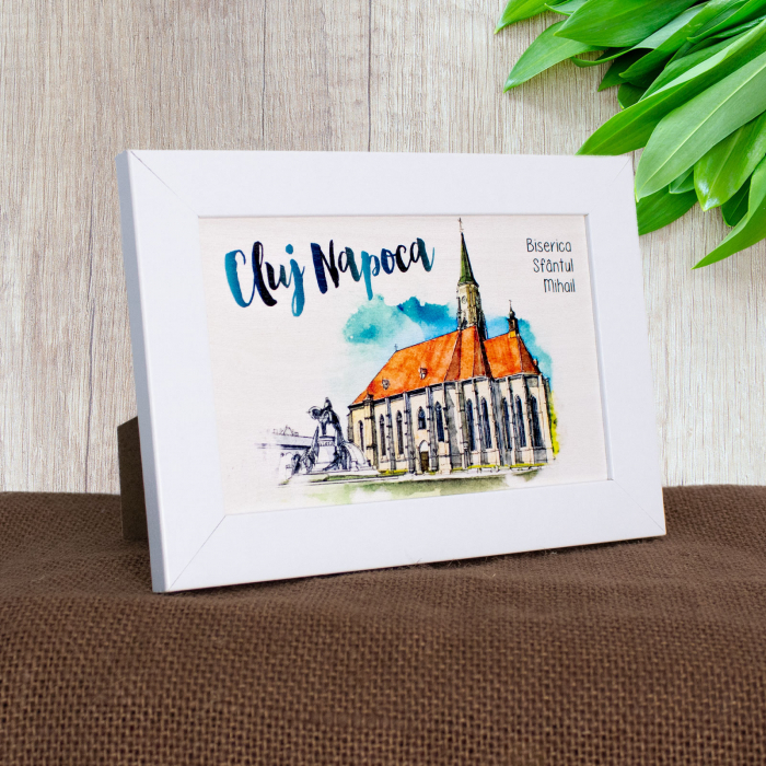 Tablou suvenir din lemn, acuarela, Biserica Sfantul Mihail, Cluj Napoca, dimensiune 10/15, rama inclusa [2]