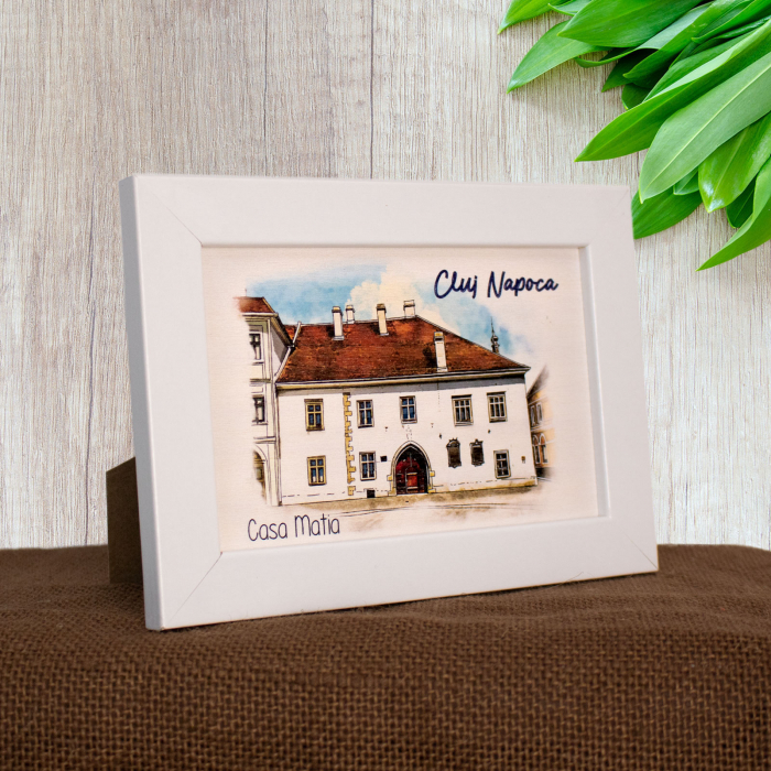 Tablou suvenir, din lemn, acuarela, Casa Matia, Cluj Napoca, dimensiune 10/15 cm, rama inclusa [2]