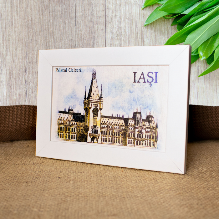 Tablou suvenir, din lemn, acuarela, Palatul Culturii din Iasi, dimensiune 10/15 cm, rama inclusa [3]