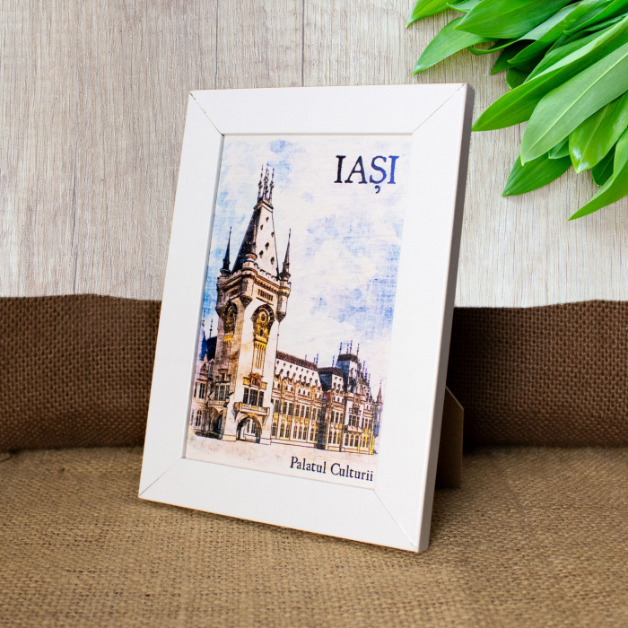 Tablou suvenir, din lemn, acuarela, Palatul Culturii din Iasi, dimensiune 10/15 cm, rama inclusa [3]