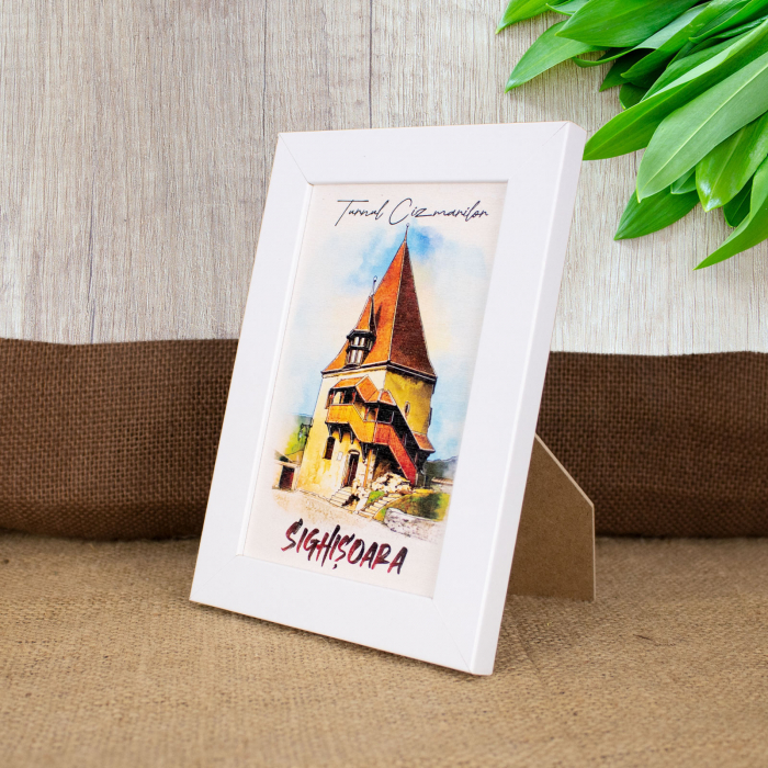 Tablou suvenir, din lemn, acuarela, Turnul Cizmarilor Sighisoara, dimensiune 10 x15 cm, rama inclusa [3]