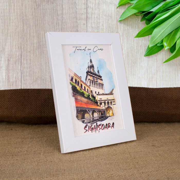 Tablou suvenir, din lemn, acuarela, Turnul cu ceas Sighisoara, dimensiune 10 x15 cm, rama inclusa [2]