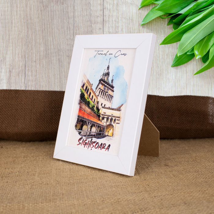 Tablou suvenir, din lemn, acuarela, Turnul cu ceas Sighisoara, dimensiune 10 x15 cm, rama inclusa [3]