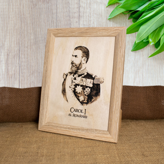 Tablou suvenir din lemn, gravat, Carol I al Romaniei, dimensiune 15/20 cm, rama inclusa [3]