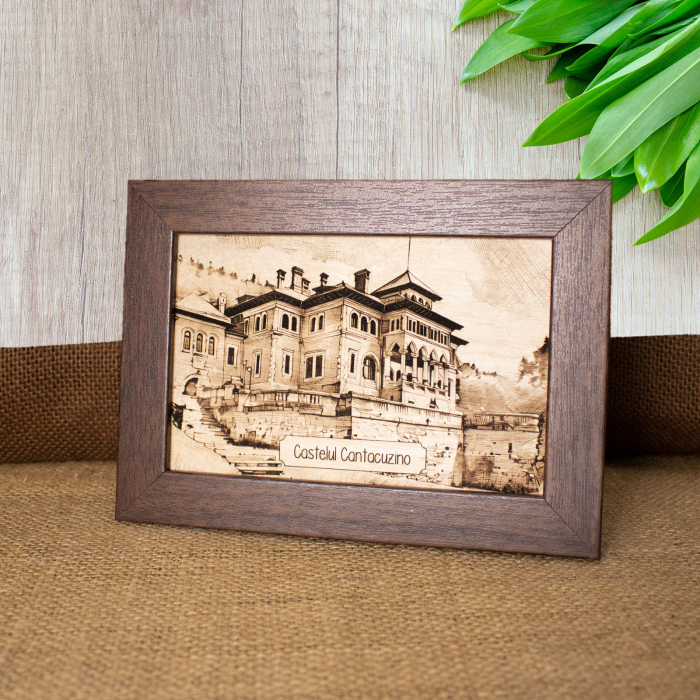 Tablou suvenir din lemn, gravat, Castelul Cantacuzino, Busteni, dimensiune 10 x 15 cm, rama inclusa [3]