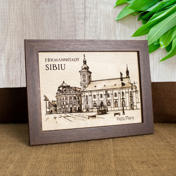 Tablou suvenir din lemn, gravat, Piata Mare, Sibiu, dimensiune 13/18,  rama inclusa [3]