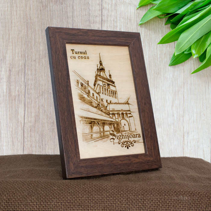 Tablou suvenir din lemn, gravat, Turnul cu Ceas, Sighisoara, dimensiune 10/15, rama inclusa [2]