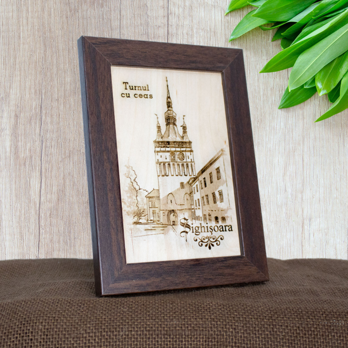 Tablou suvenir din lemn, gravat, Turnul cu Ceas, Sighisoara, dimensiune 10/15, rama inclusa [2]