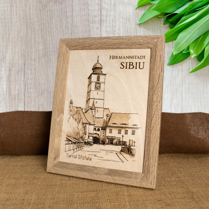 Tablou suvenir din lemn, gravat, Turnul Sfatului, Sibiu, dimensiune 15/20, rama inclusa [3]