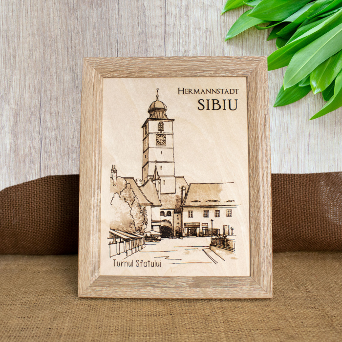 Tablou suvenir din lemn, gravat, Turnul Sfatului, Sibiu, dimensiune 15/20, rama inclusa [1]