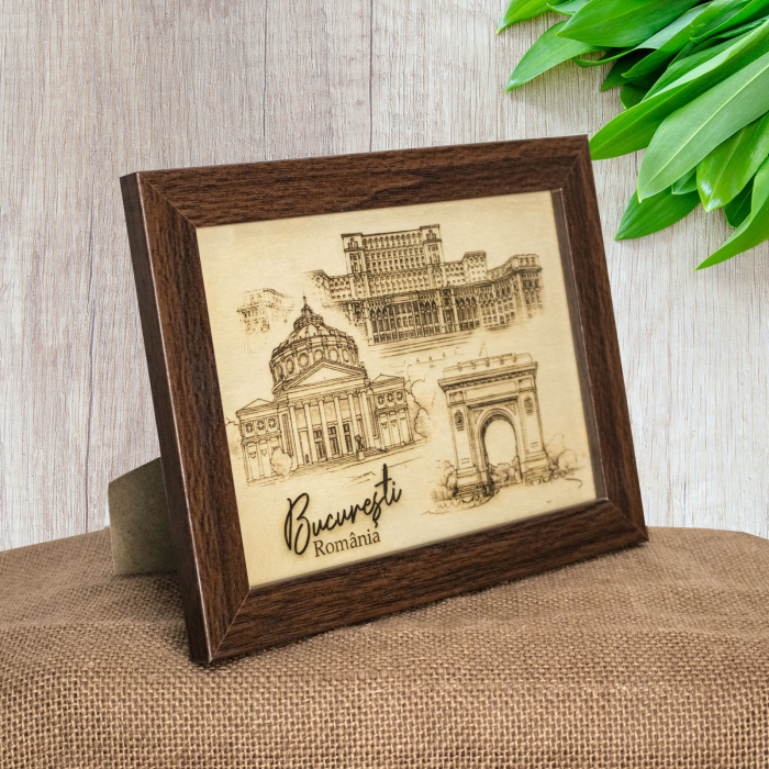 Tablou suvenir din lemn, Gravat, Visit Bucuresti, dimensiune 13/18 cm, Rama Inclusa [3]
