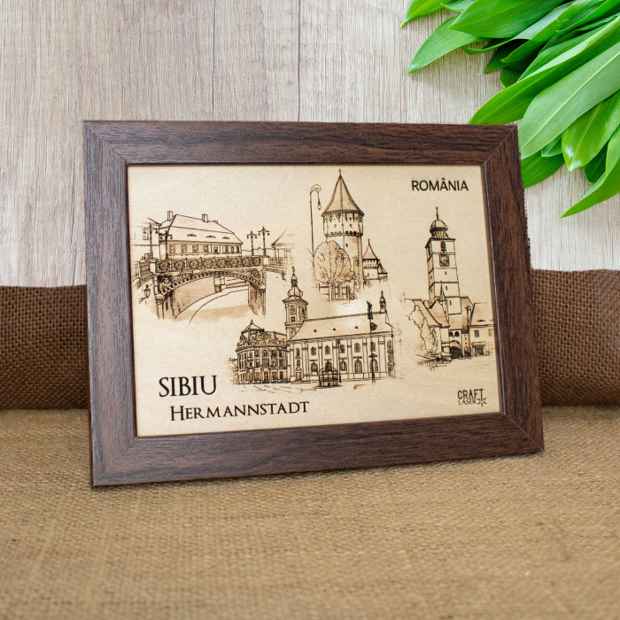 Tablou suvenir din lemn, gravat,  Visit Sibiu, dimensiune 13/18, rama inclusa [3]