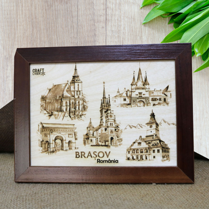Tablou suvenir din lemn, gravat, Visit Brasov, dimensiune 13 x 18 cm, rama inclusa [3]