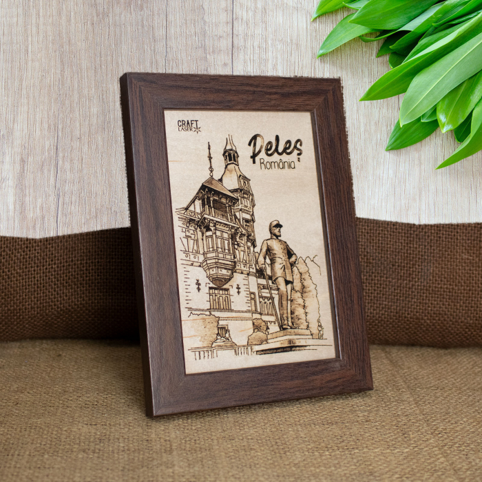 Tablou suvenir, gravat pe lemn, Carol I - Peles, dimensiune 10/15 cm, rama inclusa [2]