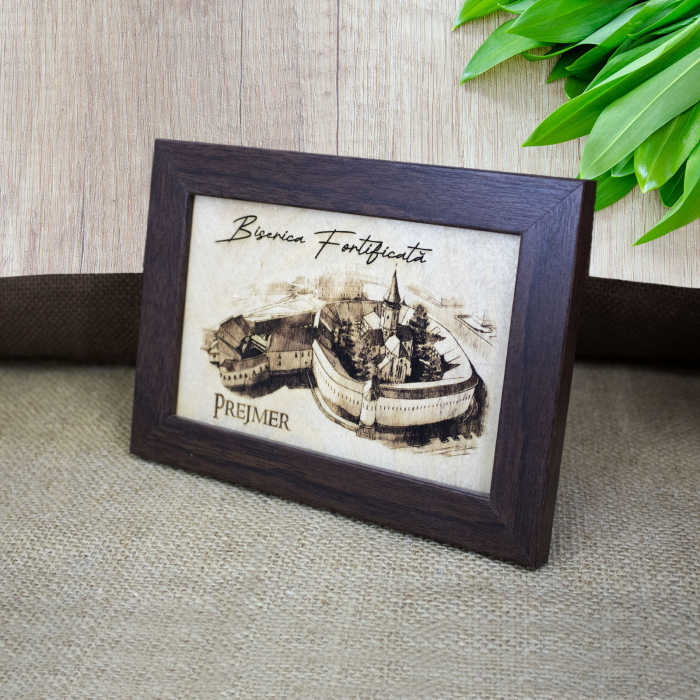 Tablou suvenir, din lemn, gravat, Cetatea Prejmer - Brasov, dimensiune 10 x15 cm, rama inclusa [2]