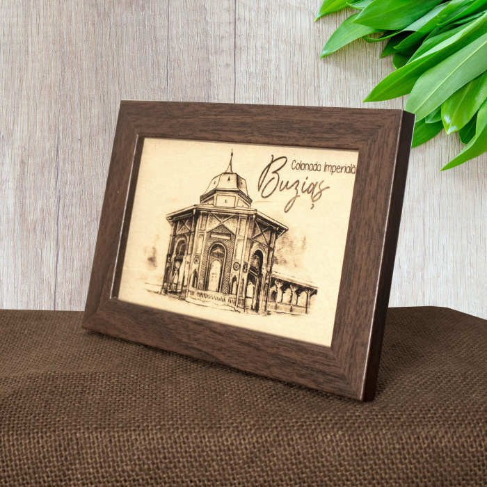 Tablou suvenir, din lemn, gravat, Colonada Imperiala Buzias, dimensiune 10 x15 cm, rama inclusa [2]