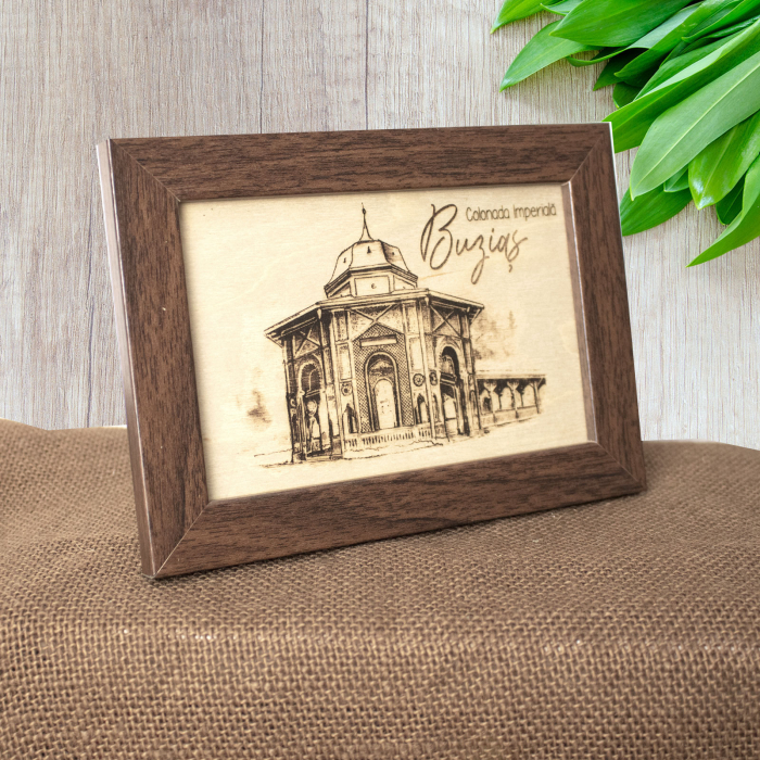 Tablou suvenir, din lemn, gravat, Colonada Imperiala Buzias, dimensiune 10 x15 cm, rama inclusa [3]