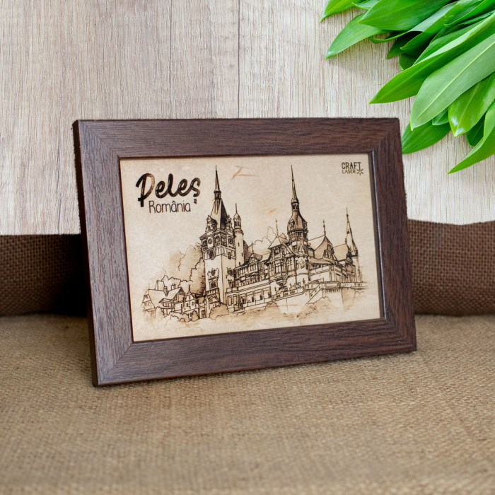Tablou suvenir, gravat pe lemn, Peles, dimensiune 10/15 cm, rama inclusa [2]