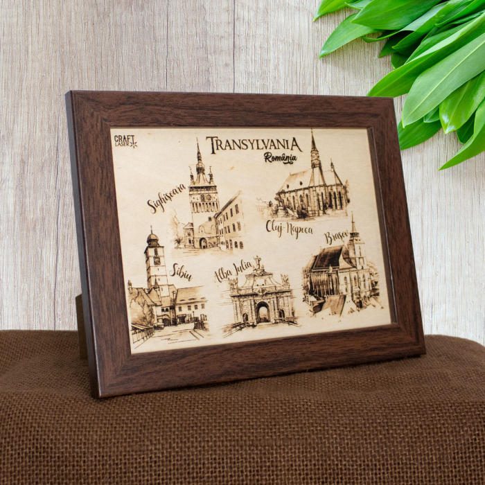Tablou suvenir din lemn, gravat, Visit Transylvania, dimensiune 13/18, rama inclusa [2]