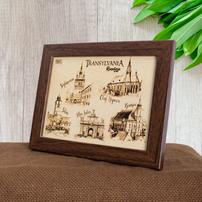 Tablou suvenir din lemn, gravat, Visit Transylvania, dimensiune 13/18, rama inclusa [3]