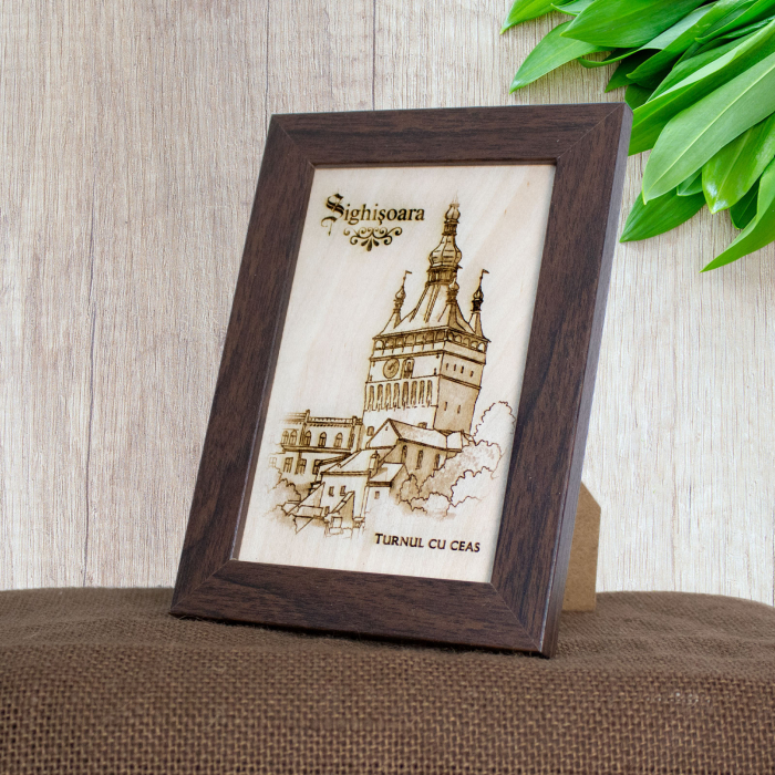 Tablou suvenir din lemn, gravat,  Turnul cu Ceas, Sighisoara, dimensiune 10/15, rama inclusa [3]