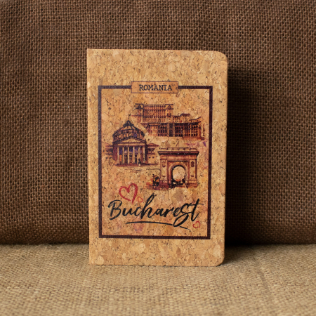 Agenda/carnetel de calatorii suvenir, coperta din material de pluta, I love Bucharest
