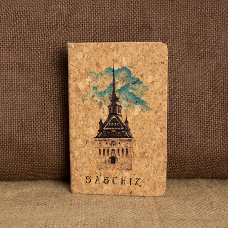 Biserica Fortificata Saschiz, Mures - Agenda/carnetel de calatorii suvenir, coperta din material de pluta, Turnul Bisericii Fortificate Saschiz, Mures