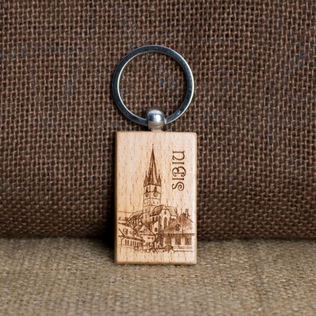 Sibiu - Breloc din lemn suvenir, gravat, Biserica Sfanta Maria, Sibiu