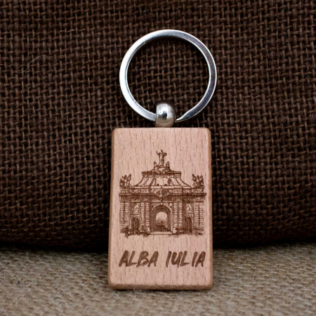 Brelocuri suvenir - Breloc din lemn, suvenir, gravat, "Poarta a III-a" Cetatea Alba Carolina, Alba Iulia