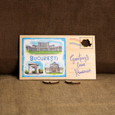 Carte postala Din Lemn, acuarela, Bucuresti (Arcul de Triumf, Ateneul Roman, Palatul Parlamentului) [2]