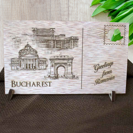 Carte Postala suvenir, din lemn, Gravata, Visit Bucuresti [5]