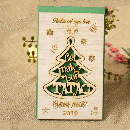 Felicitare de Craciun din lemn, personalizata „Cel mai bun tata”