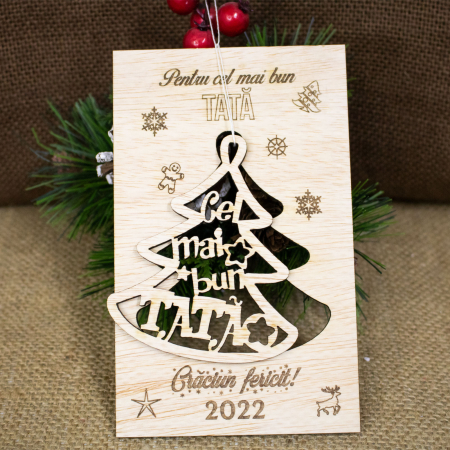 Felicitare de Craciun din lemn, personalizata „Cel mai bun tata” [3]
