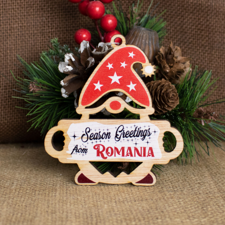 Glob de Craciun suvenir, din lemn , "Greetings from Romania"