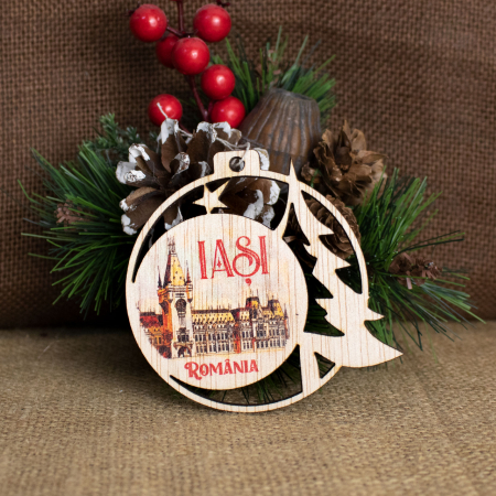 Glob de Craciun suvenir, din lemn, personalizat, "Palatul Culturii, Iasi"