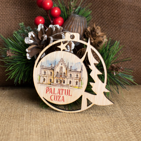 Palatul Alexandru Ioan Cuza, Ruginoasa - Glob de Craciun suvenir, din lemn, personalizat, "Palatul Cuza de la Ruginoasa"