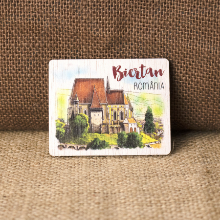 Biserica Fortificata Biertan - Magnet de frigider din lemn, acuarela, Biserica Fortificata Biertan, Sibiu