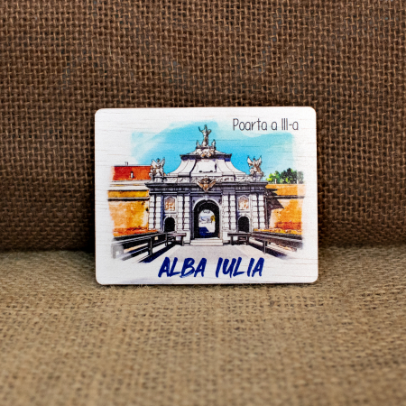Magneti de frigider acuarela - Magnet de frigider din lemn, acuarela "Poarta a III-a" Cetatea Alba Carolina, Alba Iulia