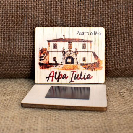 Magnet de frigider din lemn, acuarela vintage, "Poarta a IV-a" Cetatea Alba Carolina, Alba Iulia [1]