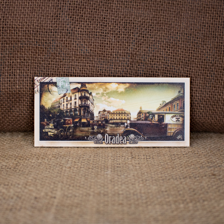 Oradea - Magnet de frigider din lemn, acuarela, Belle Epoque "Trasuri si Masini", Oradea