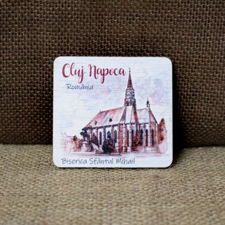 Magneti de frigider acuarela - Magnet de frigider din lemn, color vintage, “Biserica Sfantul Mihail” Cluj Napoca