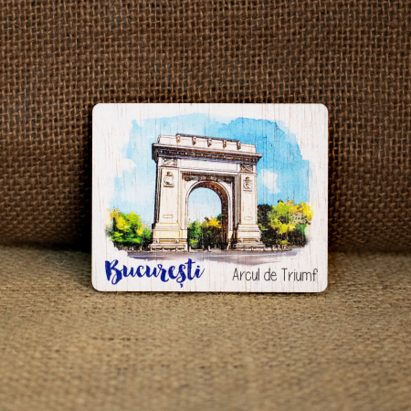 Colectii suveniruri - Magnet de frigider, din lemn, acuarela, Arcul de Triumf, Bucuresti
