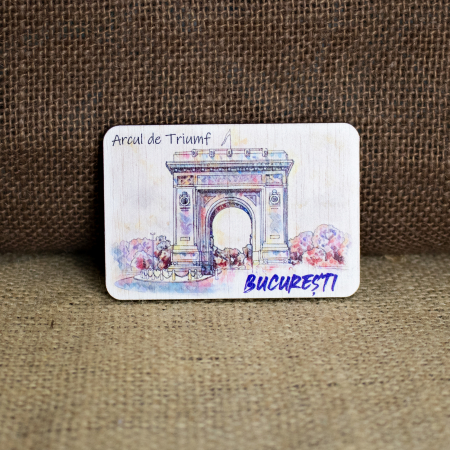 Magnet de frigider, din lemn, color, pictat, Arcul de Triumf, Bucuresti