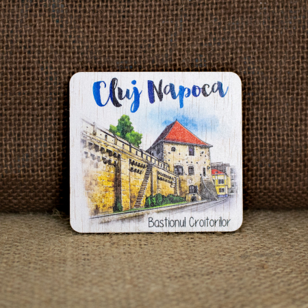 Magnet de frigider din lemn, acuarela, "Bastionul Croitorilor" Cluj Napoca