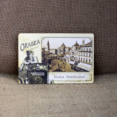 Belle Epoque - Magnet de frigider din lemn, vintage, Belle Epoque, "Piata Ferdinand" Oradea