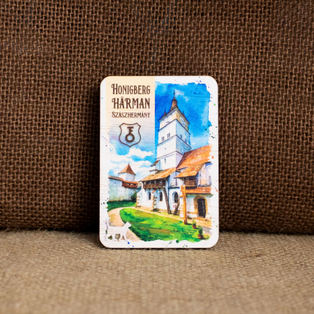 Colectii suveniruri - Magnet de frigider din lemn, acuarela, Biserica Evanghelica Fortificata, Harman