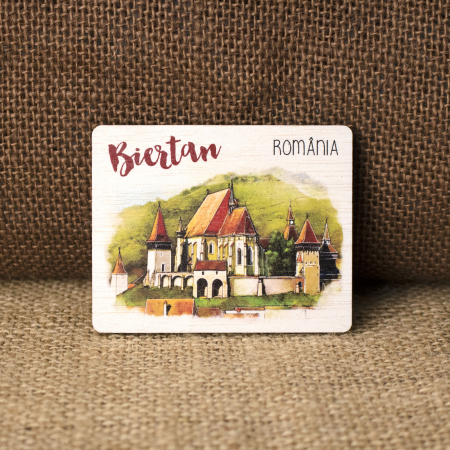 Biserica Fortificata Biertan - Magnet de frigider din lemn, acuarela, Biserica Fortificata Biertan, Sibiu