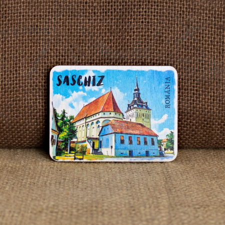 Biserica Fortificata Saschiz, Mures - Magnet de frigider din lemn, acuarela, Biserica Fortificata din Saschiz, Mures