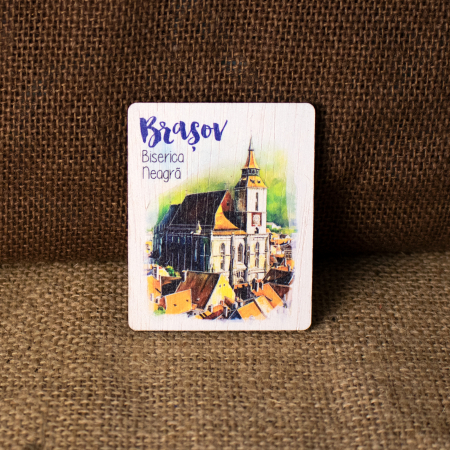 Brasov - Magnet de frigider din lemn, acuarela, "Biserica Neagra" Brasov